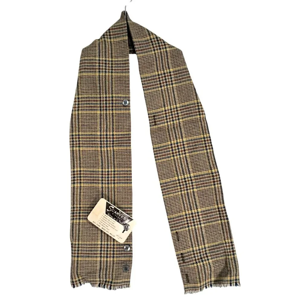 Vintage Scarvest Wool Nylon Plaid Scarf Vest Convertible Accessory‎ Multi Button